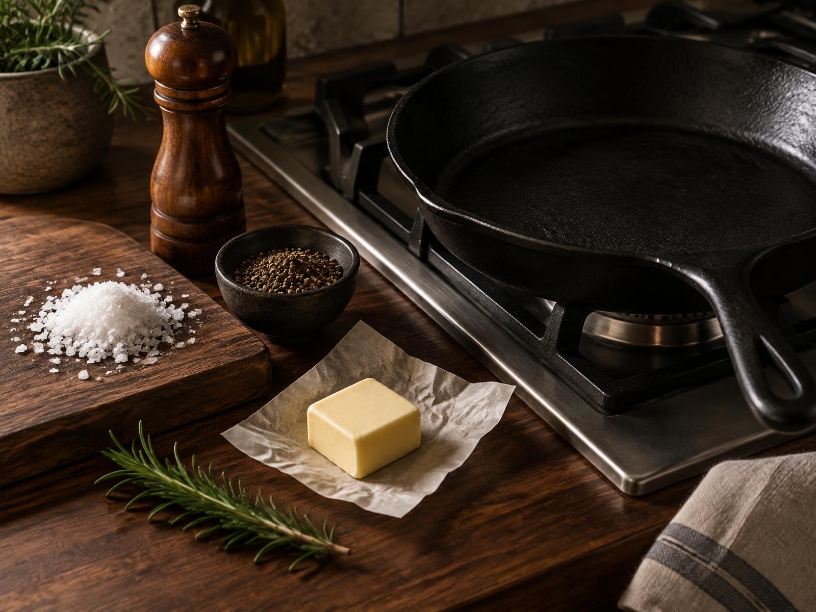 Cast-iron skillet on the stove beside coarse salt, cracked pepper, butter and a sprig of rosemary