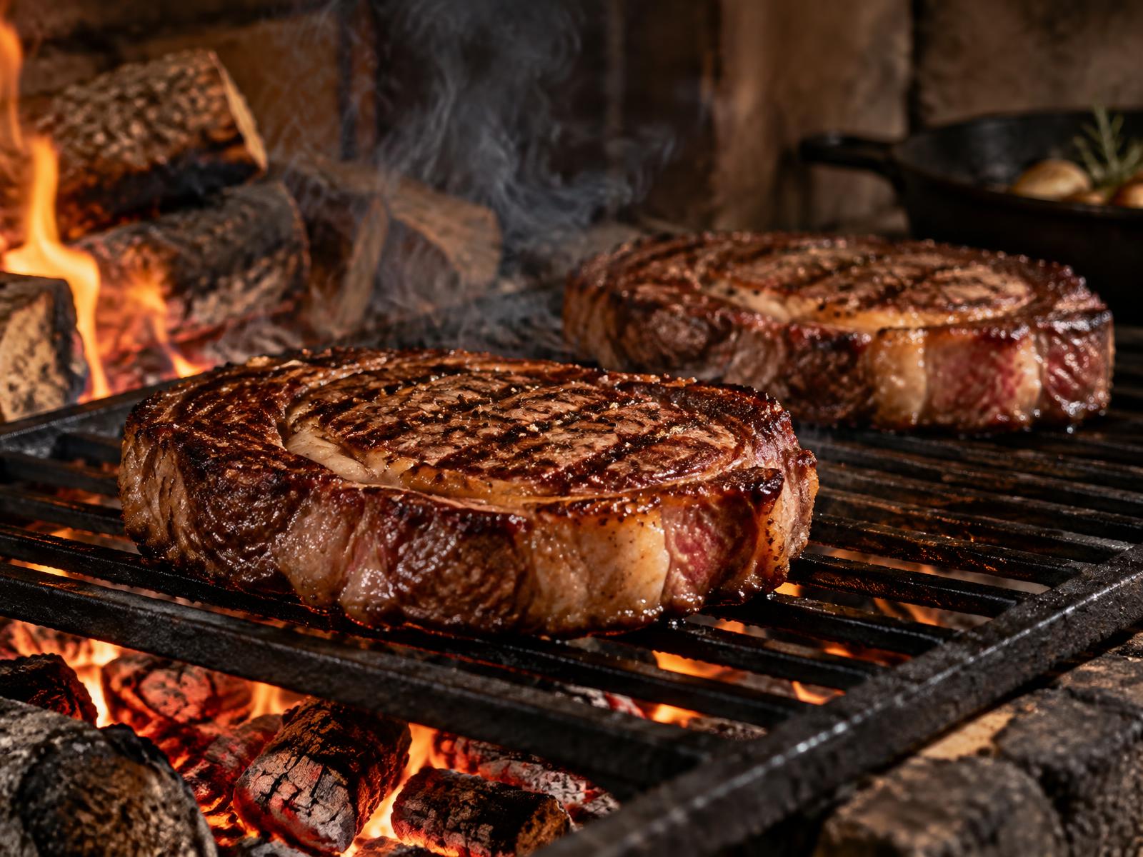 Wagyu ribeyes searing over glowing wood coals on a wood-fire grill
