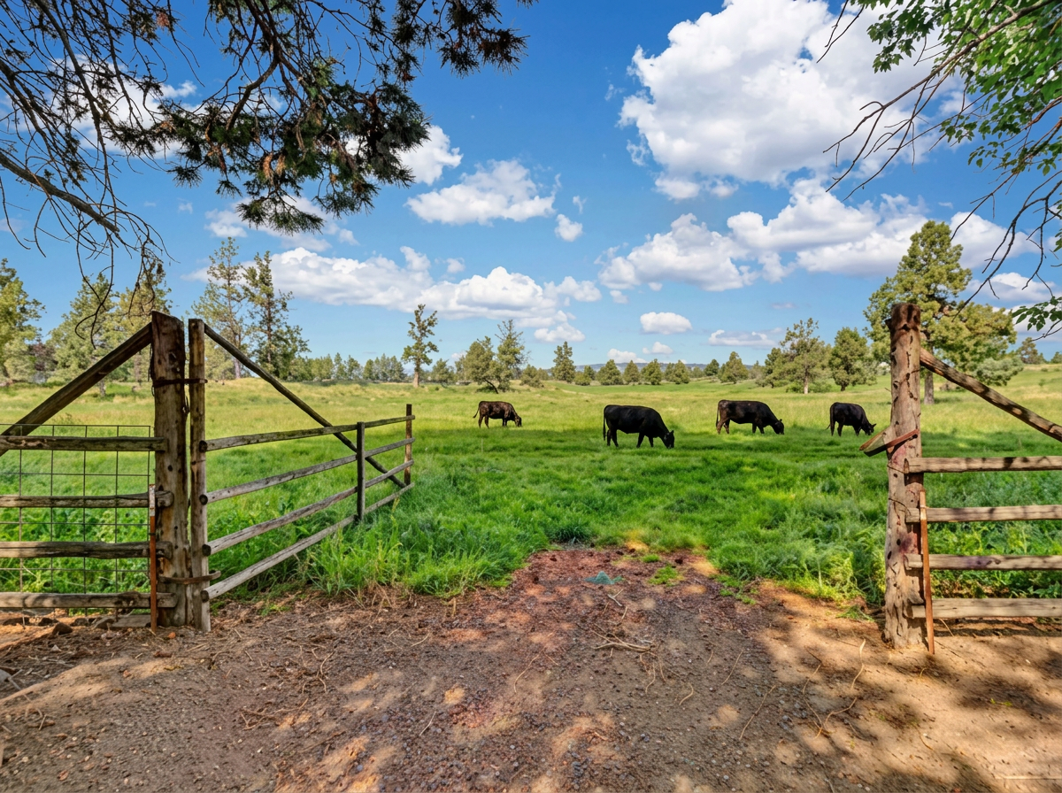 Open ranch gate onto green pasture