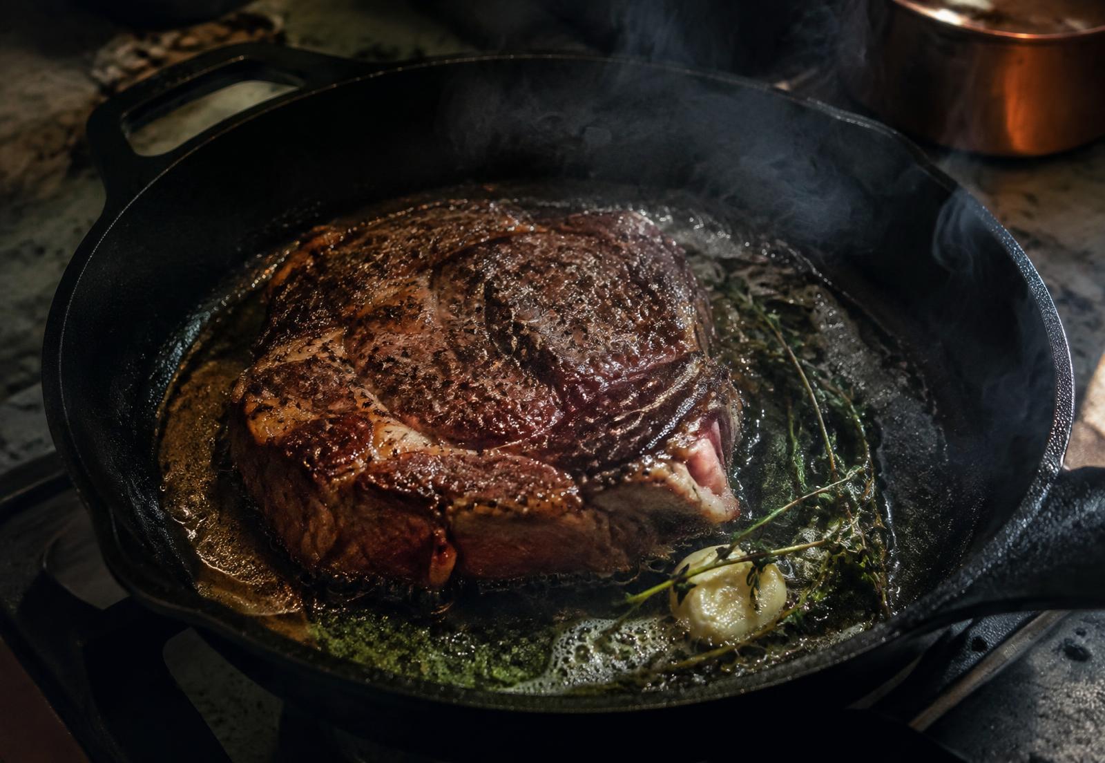 Wagyu ribeye searing in a cast-iron skillet with butter and thyme